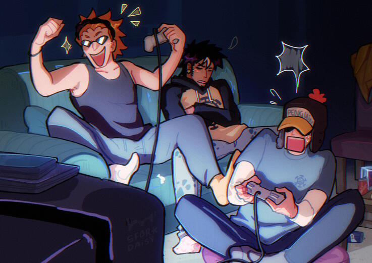 Fanart of One Piece characters Shachi and Penguin playing games late at night while Law sleeps.